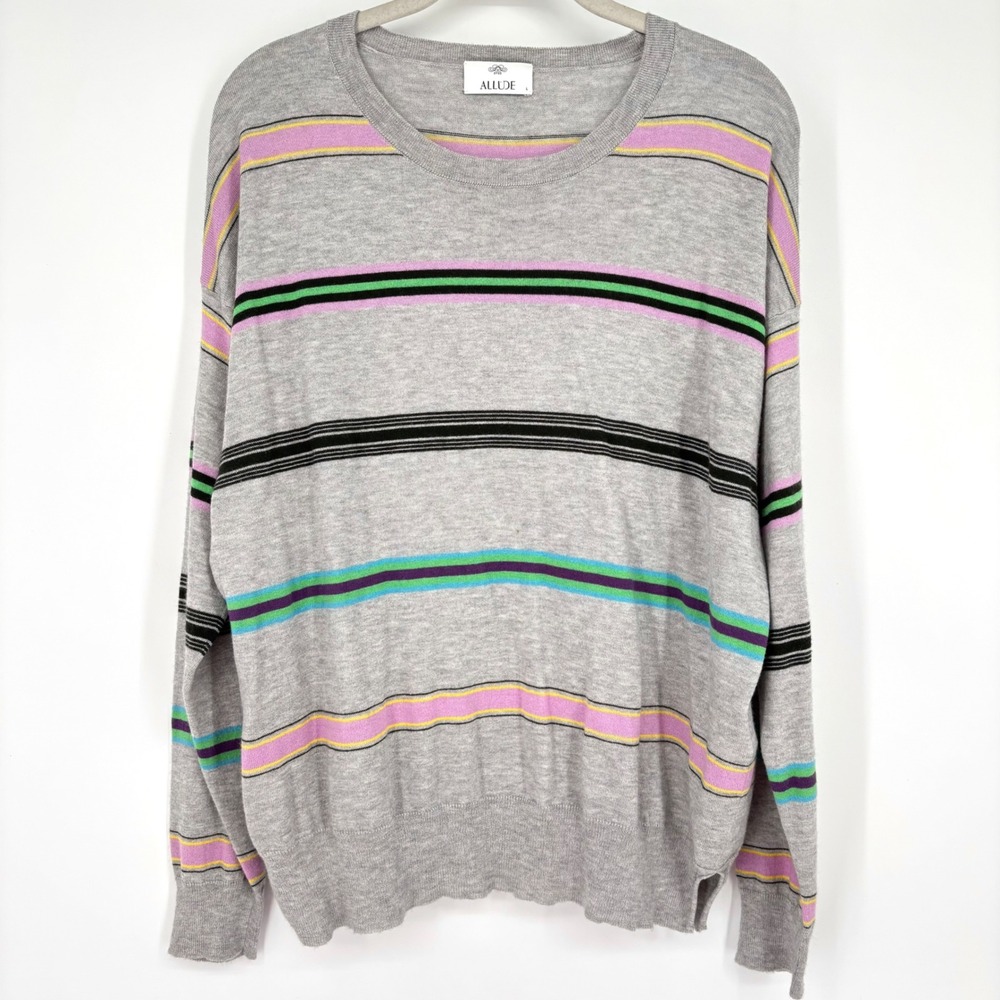 ALLUDE Striped Crewneck Sweater Sz L Cotton Cashmere Grey Pink Green Lightweight